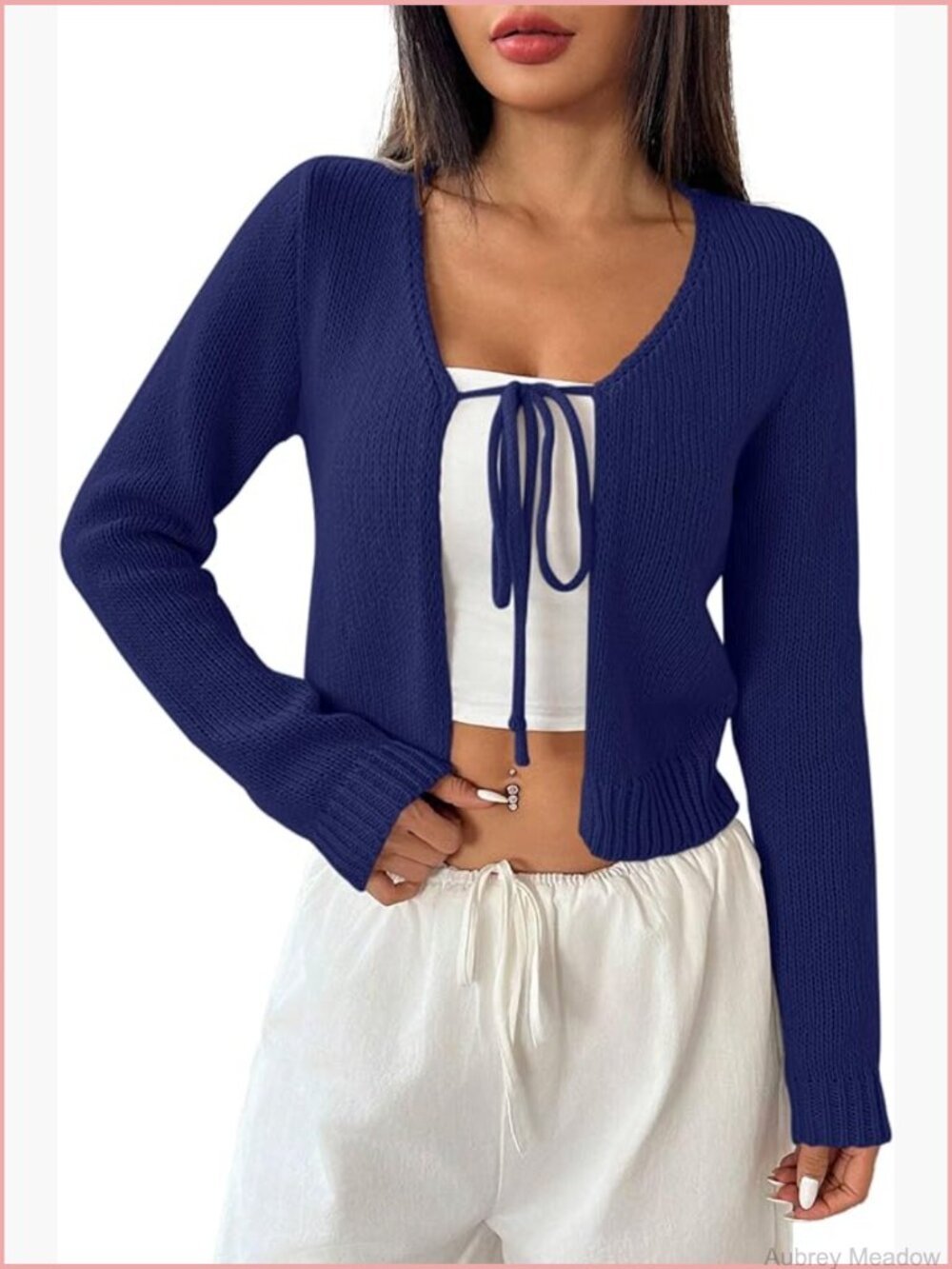 V-Neck Tie-Front Cardigan Shrug Long Sleeve Knit Sweater Top Lightweight